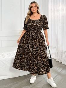 SHEIN CURVE+ 大尺碼女款豹紋短袖休閒優雅洋裝 - 棕色 - 查看 7