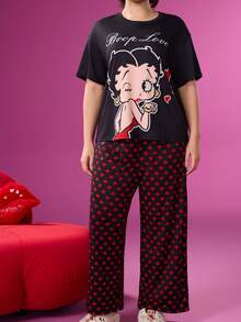 Betty Boop x SHEIN 大码卡通图案短袖上衣和心形印花裤睡衣套装 - 黑色 - 查看 4