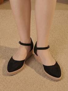 Styleloop Sandalias de mujer estilo bohemio con cuña de paja y cuerda de cáñamo, punta fina, plataforma retro, botón y tacón alto tipo romano - Negro oscuro - Ver 9