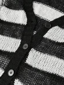 Sunspun Plus Size Plus Size Striped Distressed Knit Cardigan Y2K Grunge Hollow Mesh Sweater Ripped Fringe Ra Winter - Black and White - View 6