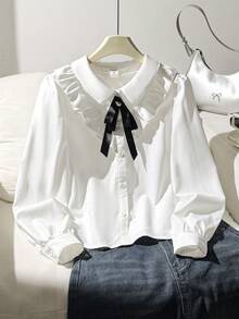 SHEIN Tween女孩寬鬆休閒極簡舒適日常上學穿搭白色滾邊花瓣袖優雅荷葉邊前開鈕扣襯衫返校季 - 白色 - 查看 3