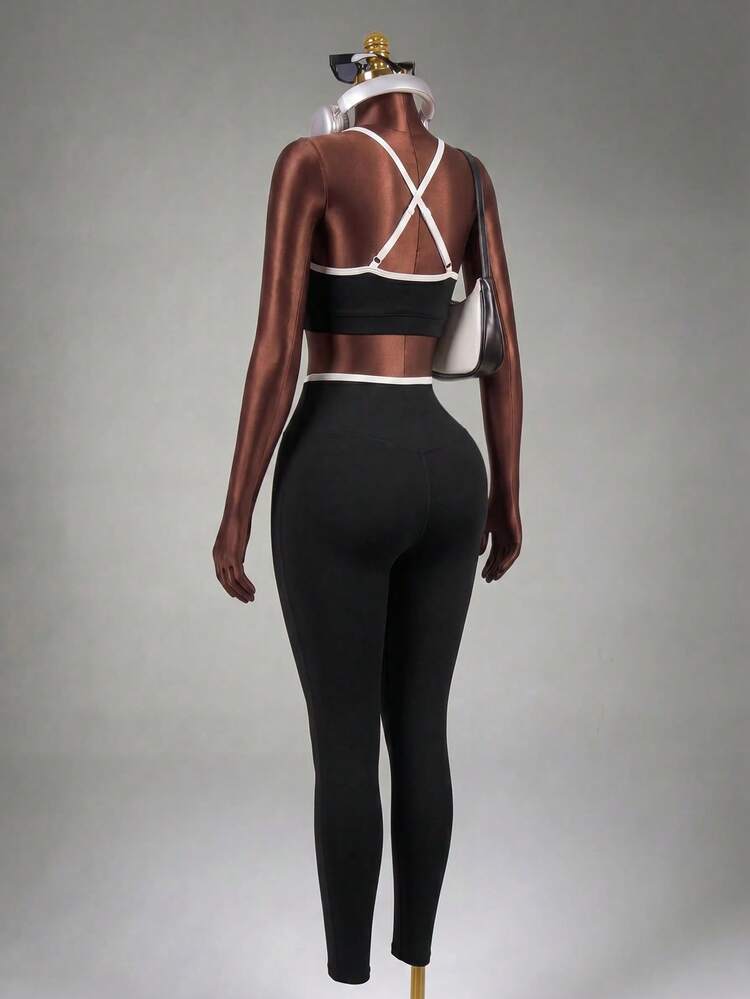 Mistrie Women's Contrast Trim Elastic Criss-Cross Back Sports Bra And Leggings Yoga Workout Set Active Two Piece Set Activewear Set Workout Legging Two Piece Set Seamless Workout Set Bra And Leggings Set Curve Activewear Set Gym Two Piece Set Yoga Two Piece Set Sporty Two Piece Setworkout Set - Black - View 5