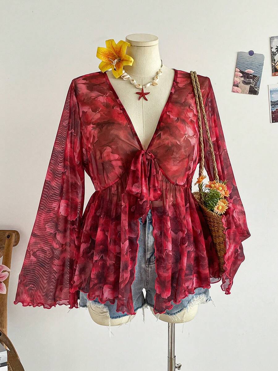 Soleia 女款大尺碼紅色網格印花喇叭袖上衣 - 紅色 - 查看 1