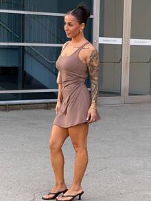 SAYEHFBABY Women's Solid Color Square Neck Pleated Sleeveless Sports Dress Summer - Brown - View 7