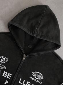 PAVTROS Men's Letter Print Zip-Up Hoodie Casual Versatile Daily Wear Sweatshirt - Black - View 5