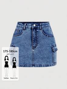 SHEIN Tall 女款純色口袋修身休閒牛仔迷你裙，適合高個女性 - 深色水洗藍 - 查看 1