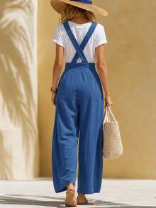 Balvessa Adjustable Gourd Buckle Criss-Cross Strap Metal Round Buckle Side Zipper High Waist Women's Long Pants - Blue - View 2