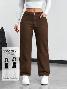 SHEIN PETITE Casual Versatile Low-Waist Straight-Leg Jeans ,Petite Women - Chocolate Brown - View 1