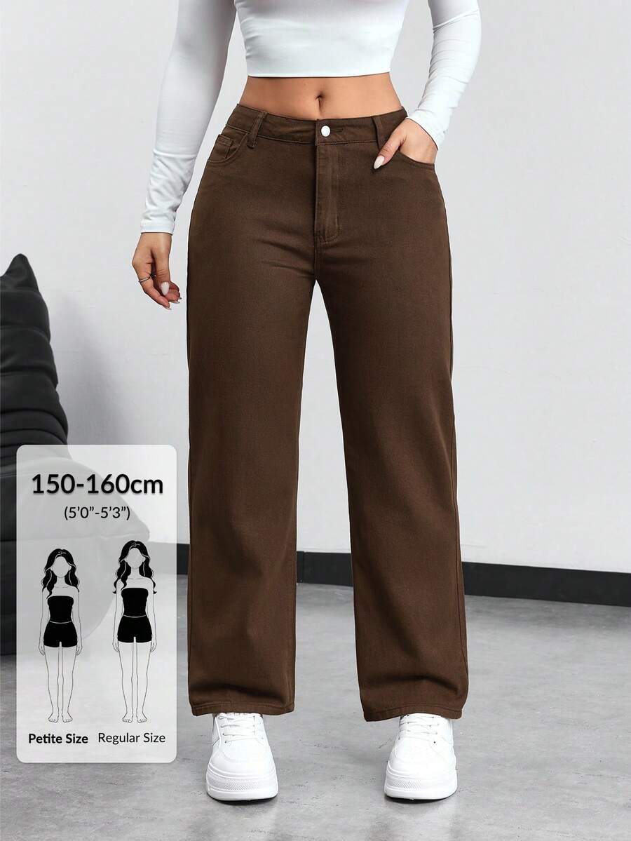 SHEIN PETITE Casual Versatile Low-Waist Straight-Leg Jeans ,Petite Women - Chocolate Brown - View 1