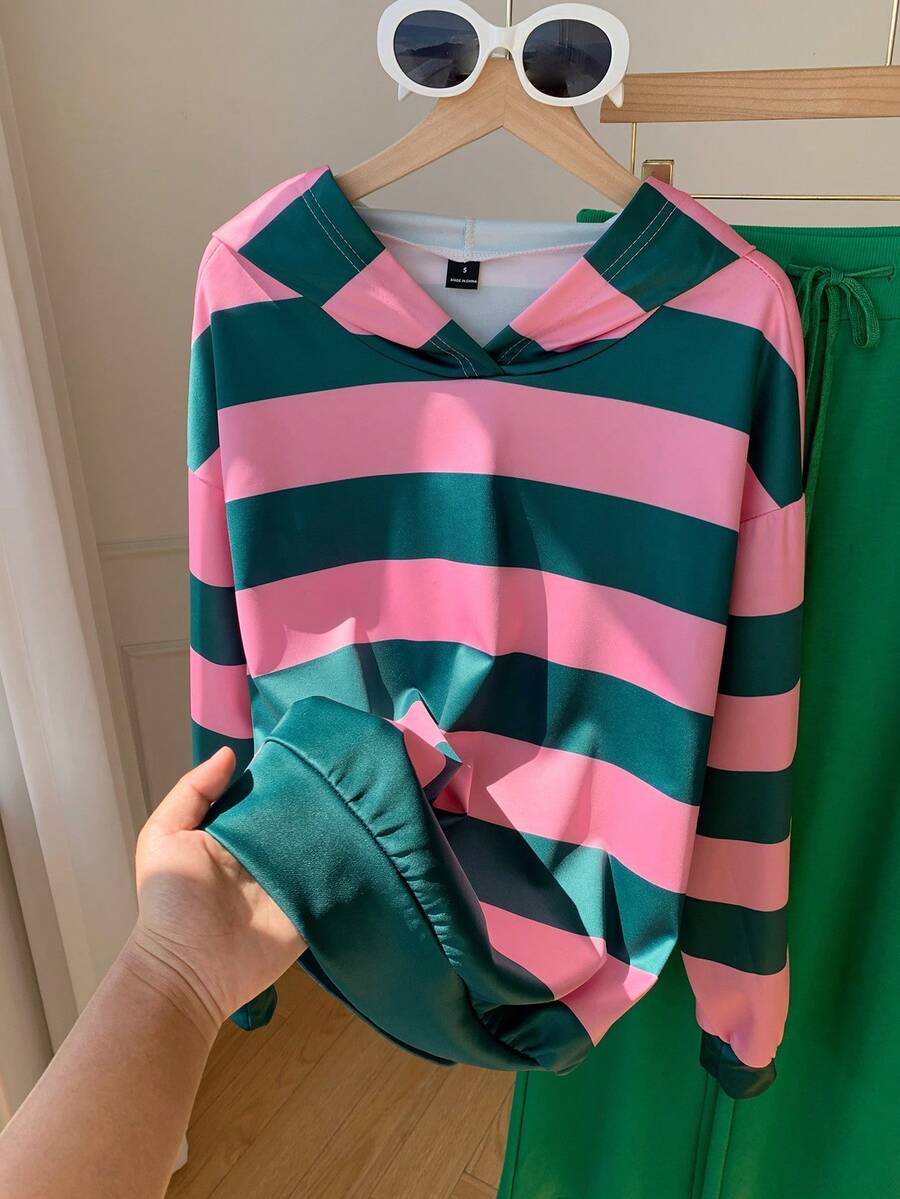 SHEIN EZwear 女士休闲套头卫衣,韩版风格,时尚百搭,适合外穿,彩色条纹图案设计,适合街拍,适合露营,春夏皆宜,也是春夏返校季的理想之选。 - 彩色 - 查看 1