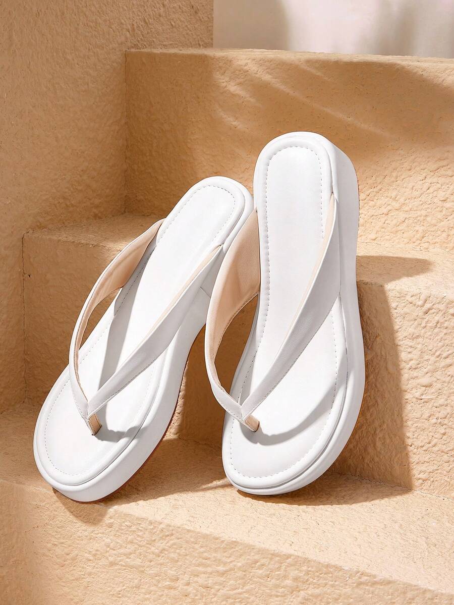 HighSole 春夏新款白色厚底坡跟夾腳拖鞋女鞋,防滑增高休閒舒適涼鞋,百搭款戶外海灘度假首選,居家必備夾腳拖 - 白色 - 查看 1