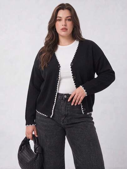 Solavibe Plus Size Women's Floral Trim Long Sleeve Single-Breasted Knit Cardigan
