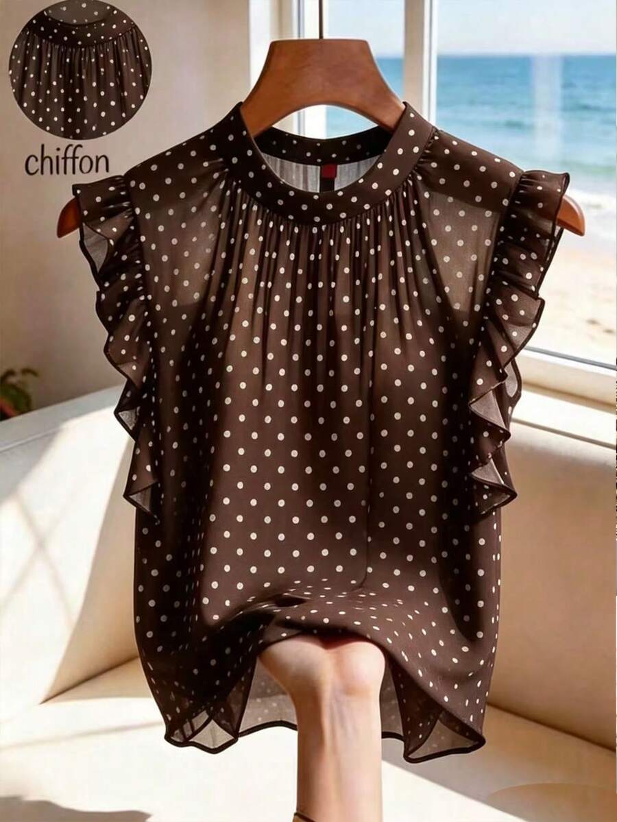 SHEIN Franclia 女款新款黑底白波點雪紡無袖上衣 | 法式復古甜酷風,輕盈雪紡面料,適合約會/購物/下午茶,雙層荷葉邊袖口 + 抽繩立領,清新優雅,法式優雅上衣,優雅上衣,女款度假上衣,波點上衣 - 棕色 - 查看 1