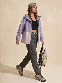 Exploreva Chaqueta Softshell con Capucha, Bloques de Color, Cremallera, Casual, Versátil, para Uso Diario y Exterior para Mujer - Morado - Ver 1