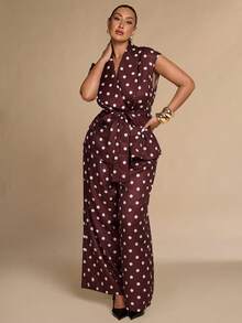 SHEIN BAE CURVE Plus Size Women's Business Polka Dot Tie-Up Jacket And Loose Long Pants Suit Set - Multicolor - View 6
