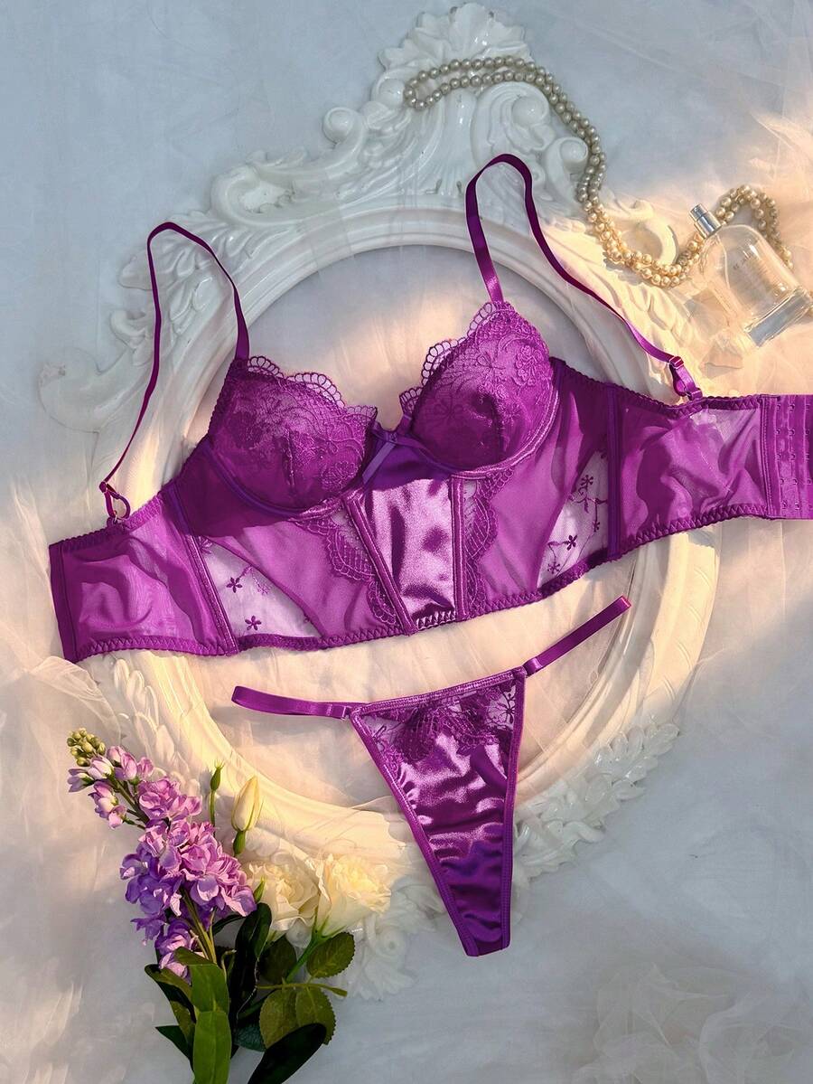 Crystal Vow 2pcs Embroidered Patchwork Satin + Mesh Underwire Bra & Panty Set - Purple - View 1