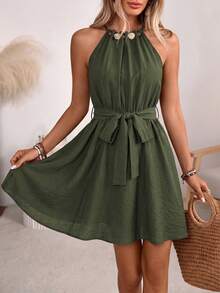 EMERY ROSE Women's Spring/Summer French Elegant Luxury Minimalist High-End Design Casual Bohemian Vacation Office Commute Old Money Style Comfortable Solid Color Faux Linen Fabric Ruched Neckline Beaded Decor Elastic Waist Self-Fabric Belt Cinched Waist A-Line Spaghetti Strap Tie Strap Pocket Short Dress - Army Green - View 3