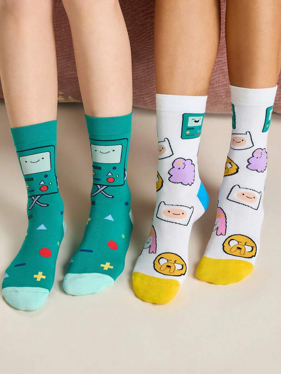 ADVENTURE TIME X SHEIN 2 Pairs/Set, Women's Cartoon Pattern Tube Socks, Gift Package - color mixing - View 1