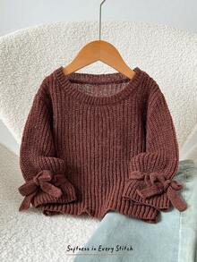 Cozy Pixies Baby Girl Baby Girl Loose Casual Minimalist Comfortable Round Neck Sleeve Tie Decor Autumn Winter Sweater Brown,Long Cardigan Back To School Sweater - Brown - View 1