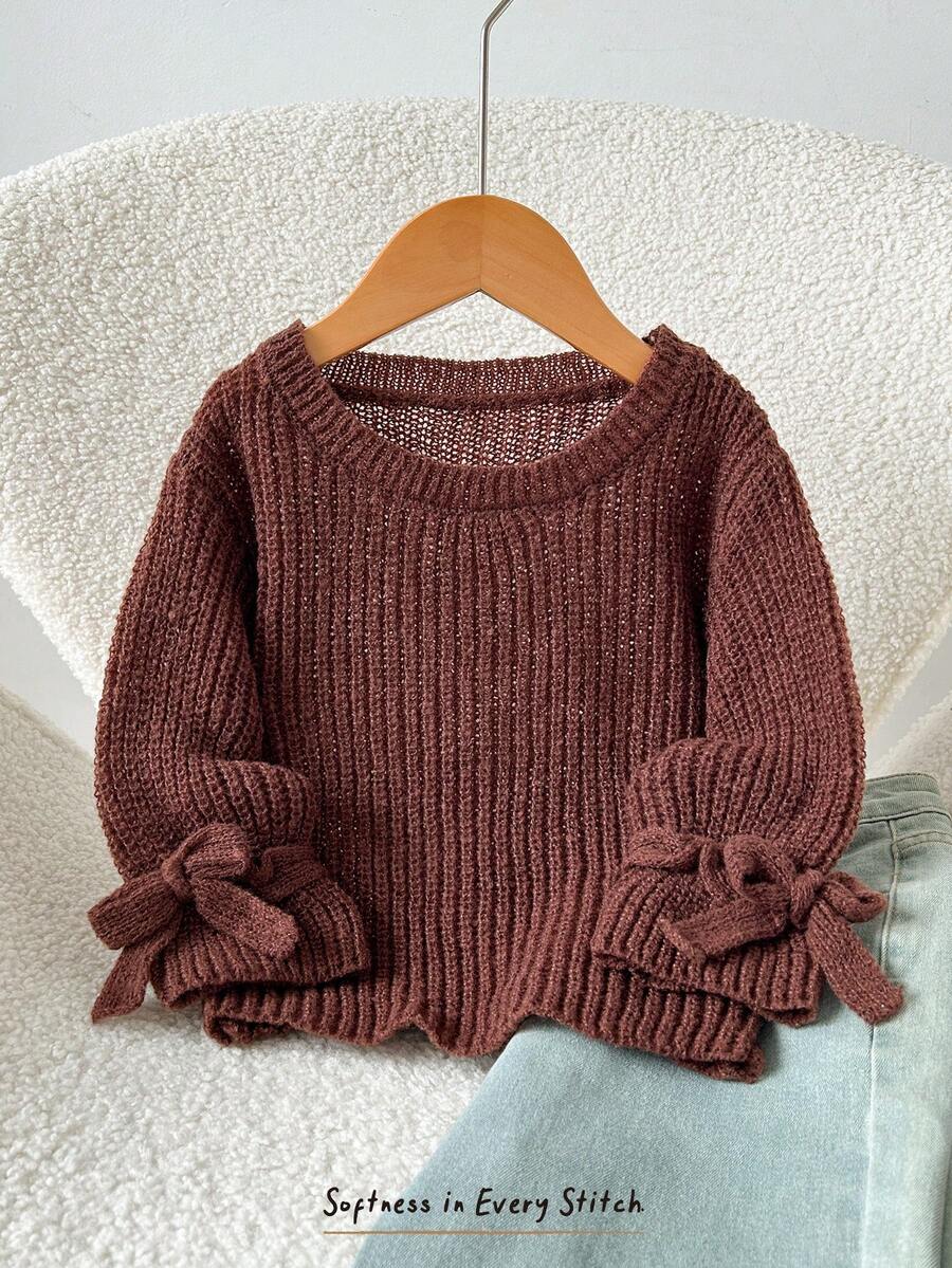 Cozy Pixies Baby Girl Baby Girl Loose Casual Minimalist Comfortable Round Neck Sleeve Tie Decor Autumn Winter Sweater Brown,Long Cardigan Back To School Sweater - Brown - View 1