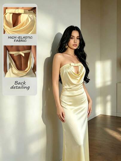 RiviMae Pale Yellow Summer Elegant Dinner Dress,Plunging Neckline,Bow Backless Stretch Knit Satin Sleeveless Long Dress For Women Party Formal Wear Photoshoot