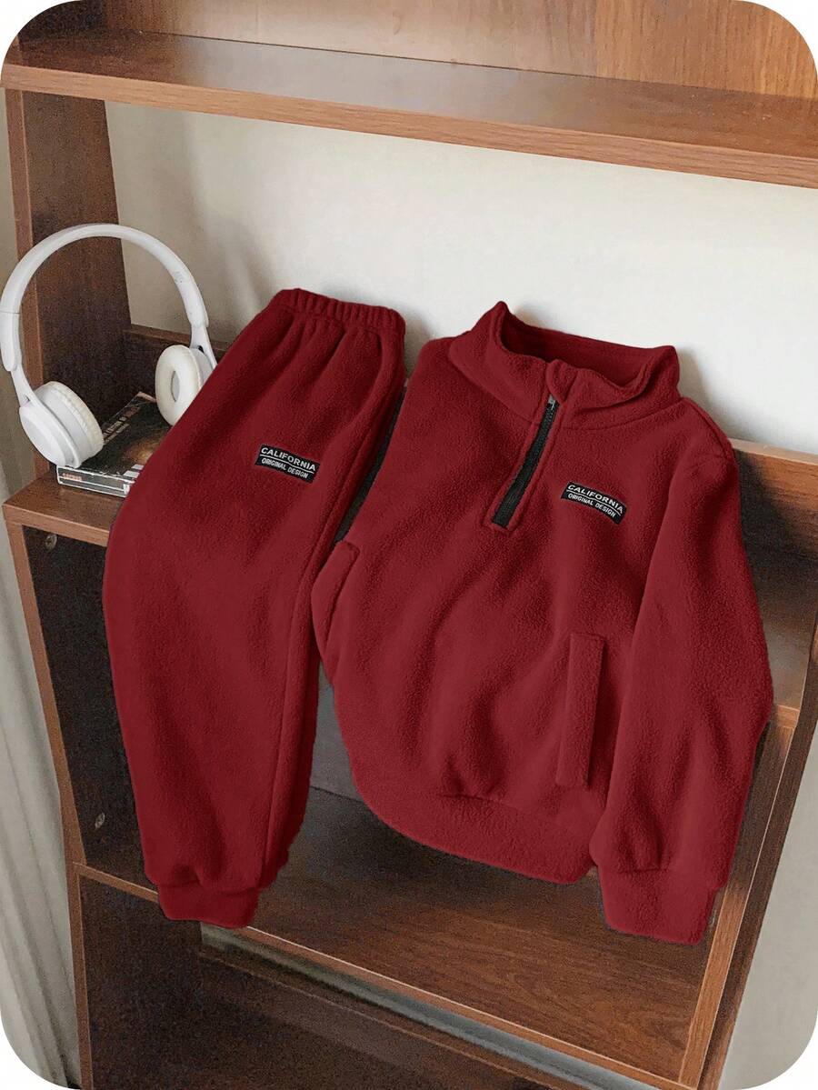 SHEIN 兒童小男孩休閒極簡風2件套,適合秋冬,抓絨加厚 - 酒紅色 - 查看 1