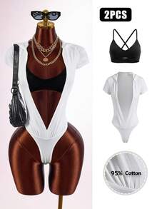 Amplova Women's Solid Color Camisole Cropped Tank Top Paired With Hooded Deep V-Neck Sexy Bodysuit Set Beach White Black Summer - Black and White - View 8