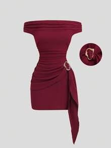 Sweetra Chocolate Bodycon Dress With Off-Shoulder Off-The-Shoulder Neckline, Metal Buckle Decor, Pleated Tie Detail, Sexy Glamorous Vintage Simple Style For Business, Shopping, Dating, Birthday Party, Social Gathering, Commuting, Spring Summer Early Autumn - Burgundy - View 4