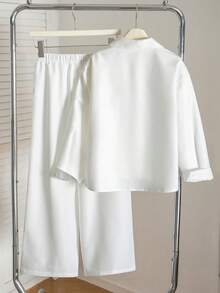 SHEIN 青少年女孩花卉刺繡襯衫與寬腿褲兩件套，旅行日常穿搭 - 白色 - 查看 2