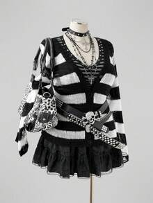 Sunspun Plus Size Plus Size Striped Distressed Knit Cardigan Y2K Grunge Hollow Mesh Sweater Ripped Fringe Ra Winter - Black and White - View 5