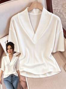 RosyDaze Women's White V-Neck T-Shirt, Casual T-Shirt For Summer Outfits - White - View 3