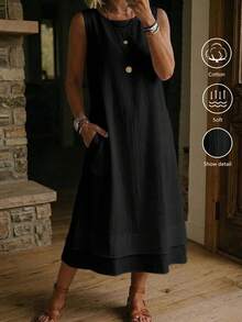 Linhara CURVE Damenkleid in großen Größen, ärmellos, aus reiner Baumwolle, mit doppellagigem Saum und Taschen, lässig für den Alltag - Schwarz - Übersicht 5