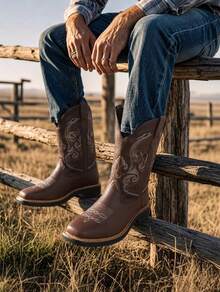 Genuine Leather Boots With Cowboy Rodeo Style Stitched Sole Skirt - Cafe - View 2