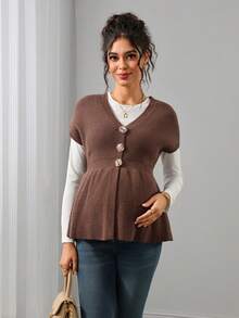 Momance Maternity Sweater Vest, Fitted V-Neck With Metal Button Design, Solid Color Knit, Casual Everyday Wear, Versatile Outerwear Winter - Brown - View 4