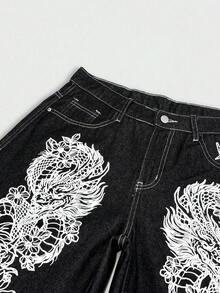 STEELVANCE 男士夏季街頭印花牛仔短褲 寬鬆寬腿短褲 - 黑色 - 查看 8