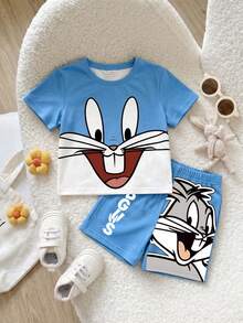 LOONEY TUNES X SHEIN GraphicGems 男嬰藍白配色拼接卡通印花T恤短褲寬鬆休閒兩件套 - 藍色 - 查看 5