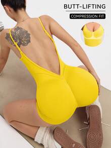 Easithlete Easithlete Solid Color Backless Camisole Sports Jumpsuit - Yellow - View 4