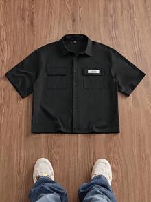 NORVETH Camisa de manga corta con cremallera y bolsillo utilitario de color liso para hombres - Negro - Ver 8