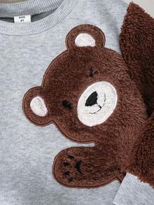 SHEIN Baby Boy Colorblock Patchwork Printed Bear Crew Neck Pullover Sweatshirt - Grey - View 3
