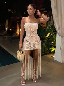 Slaydiva White Strapless Crochet Mesh Hollow Out Fringe Hem Maxi Dress - Sexy Boho Beach Vacation Club Dress Summer - Apricot - View 2