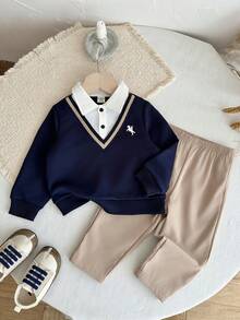 LMoss Kids Baby Boy Autumn/Winter School Style Back-To-School Season Turn-Down Collar 2 In 1 Colorblock Half-Button Front Top Casual Versatile Long Pants Set - Blue - View 3