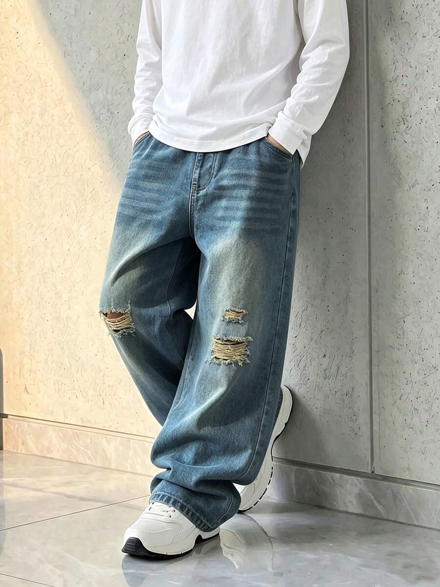 SHEIN 青少年男孩夏季純棉水洗百搭時尚休閒舒適寬鬆設計,彈性腰帶,復古磨損寬鬆版型藍色水洗牛仔長褲 - 藍色 - 查看 1