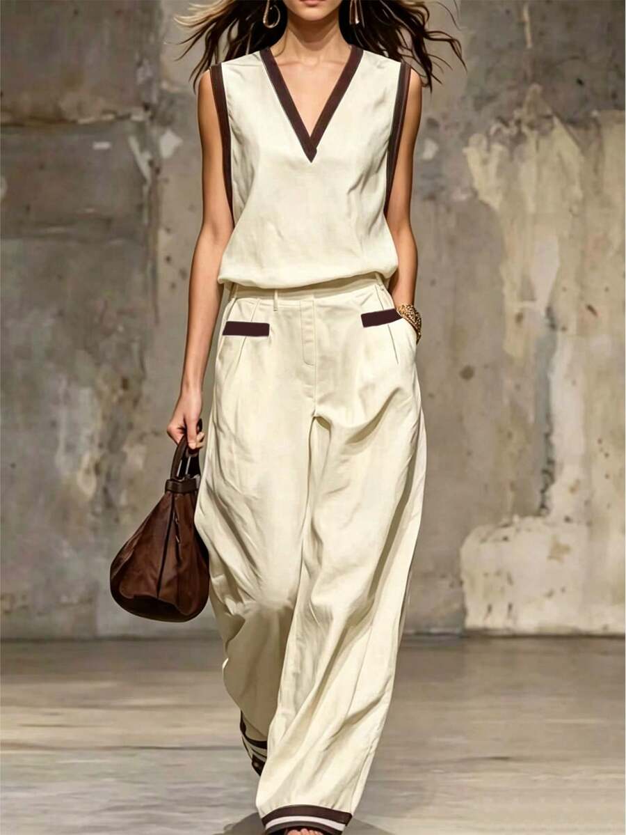 Balvessa 女款拼色V領無袖上衣與長褲休閒兩件套 - 杏色 - 查看 1