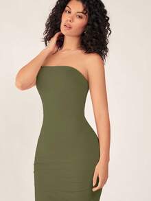 SHEIN BASICS 女款無肩帶修身緊身休閒性感晚餐洋裝 夏季女款晚裝 夜出約會夜店橄欖綠 - 軍綠色 - 查看 9