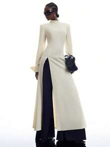 LYSMO Women's Solid Color Stand Collar Side Slit Hem Long Dress Concert Outfits Concert Outfit For Women - Beige - View 4