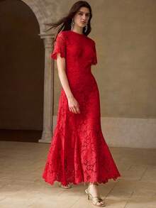 MOTF PREMIUM ELEGANT LACE MERMAID TAIL MIDI DRESS FOR WOMEN - Red - View 7