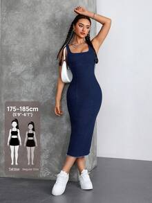 SHEIN Tall 方領露肩修身緊身牛仔中長洋裝，適合派對與度假，高個女性穿著 - 深色水洗藍 - 查看 9