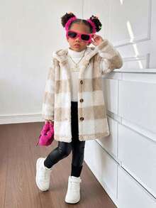 Elladie kids 女童 4-8 歲夾克，奶咖格紋軟絨連帽外套，適合秋冬、戶外活動、上學 - 卡其色 - 查看 8