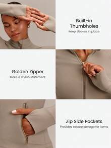 GLOWMODE FeatherFit™ Slim-It Streamline Performance Secure Pockets Zip Up Long Sleeve Jacket Low Impact Yoga Pilates Daily Spring Summer - Khaki - View 3