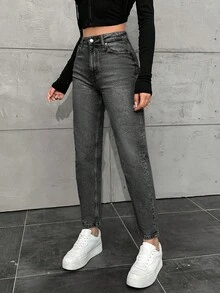 SHEIN Cottnline 女士纯色休闲百搭直筒牛仔裤 - 灰色 - View 1